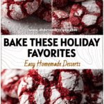 Close-up of red velvet crinkle cookies dusted with powdered sugar on a festive holiday tray.